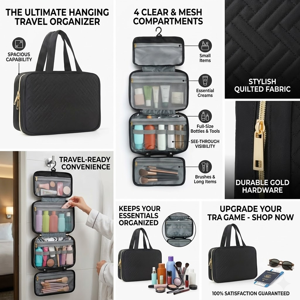 The Beauty Barn™  Luxe Travel Organizer Premium Hanging Cosmetic & Toiletry Bag for Effortless Beauty On The Go